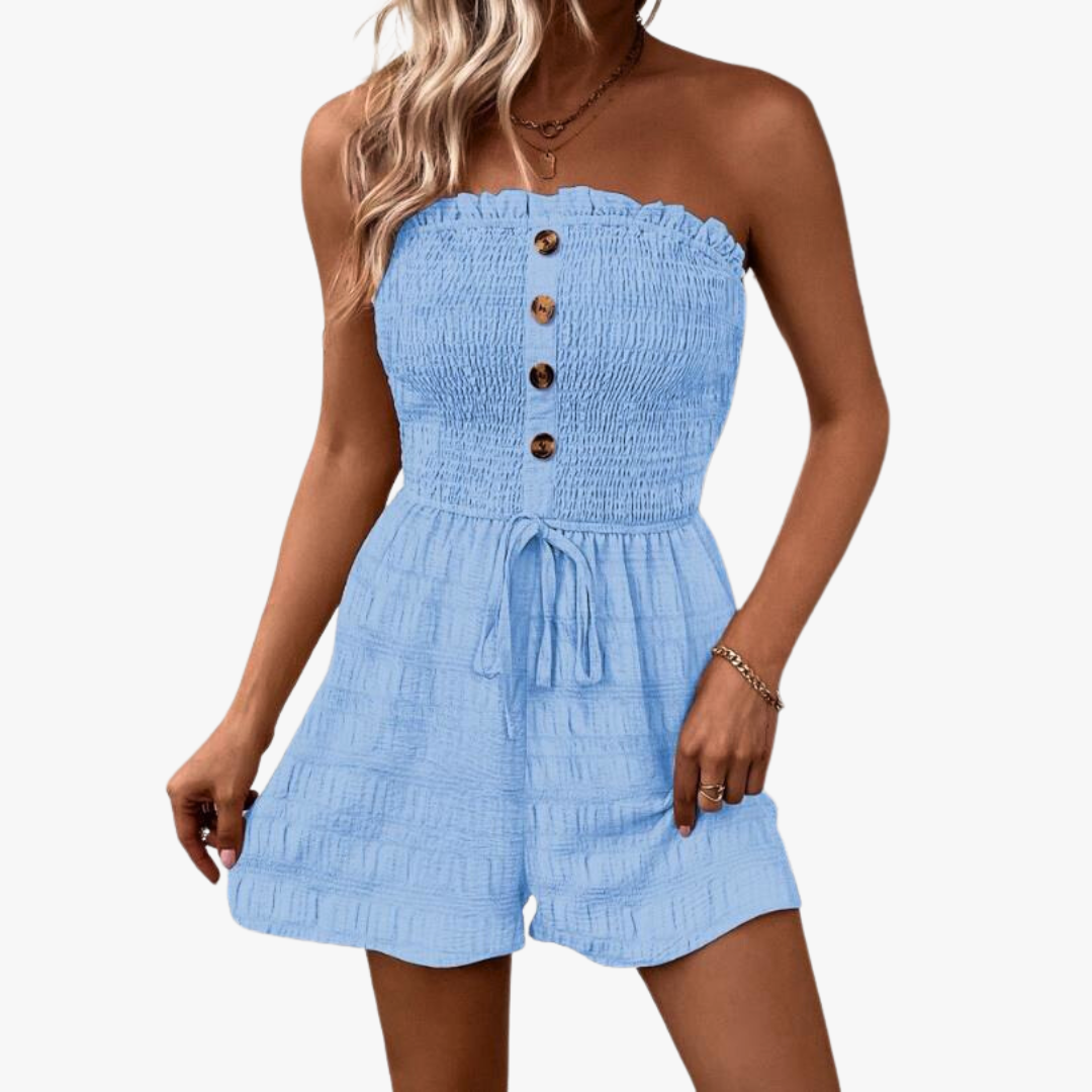 Sarah - Smocked Strapless Playsuit — Blue