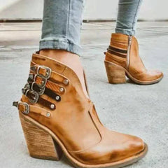 Bernadette - Buckle Boots with Wooden Heel — Brown