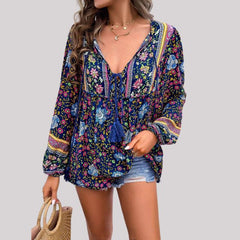 Kara - Boho Floral Print Blouse — Navy blue