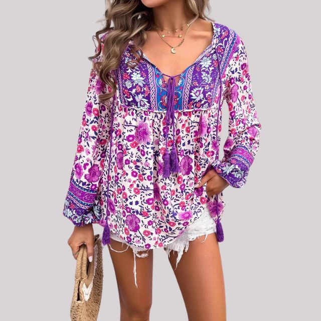 Kara - Boho Floral Print Blouse — Purple