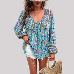 Kara - Boho Floral Print Blouse — Tiffany blue