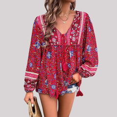 Kara - Boho Floral Print Blouse — Red