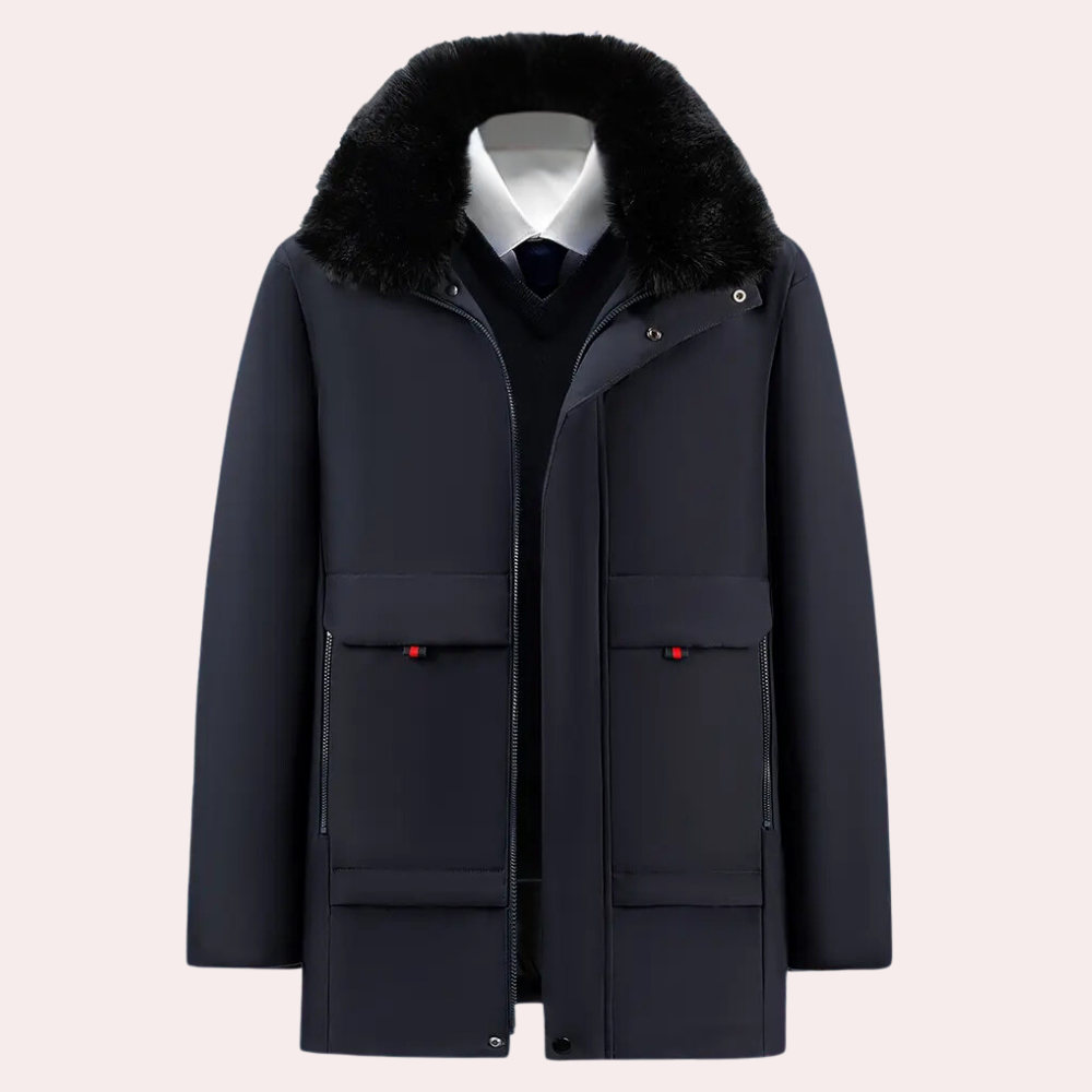 Dennis - Fur Lined Hooded Coat — Navy blue