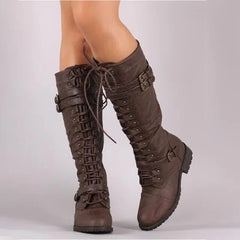Roxanne - Tall Lace up Buckle Boots — Brown
