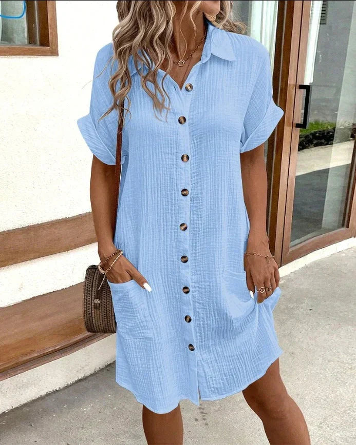 Tessa - Crinkle Button Shirt Dress — Blue