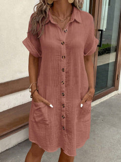 Tessa - Crinkle Button Shirt Dress — Red