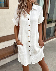 Tessa - Crinkle Button Shirt Dress — White
