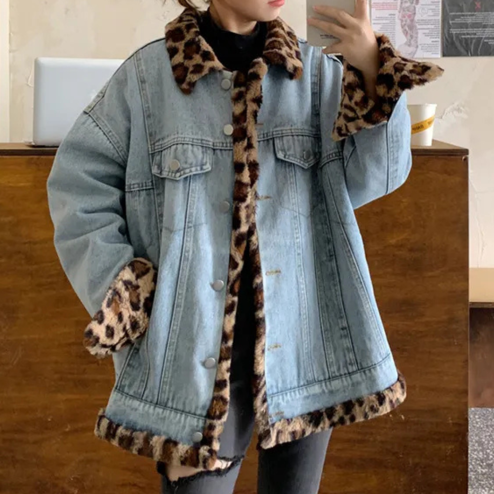 Whitney - Denim Jacket with Leopard Collar