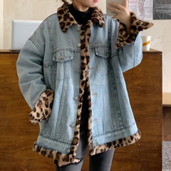 Whitney - Denim Jacket with Leopard Collar