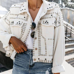Dominique - Studded Jacket with Fur Collar — White