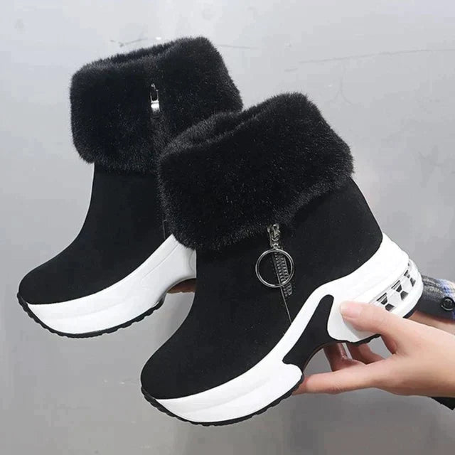 Molly - Fur Cuff Wedge Trainers — Black