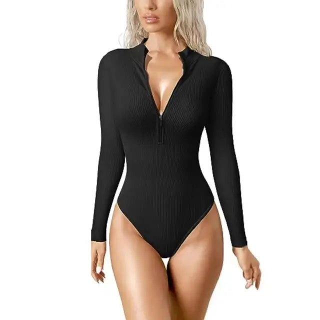 Aria - Ribbed Zip Bodysuit — Black