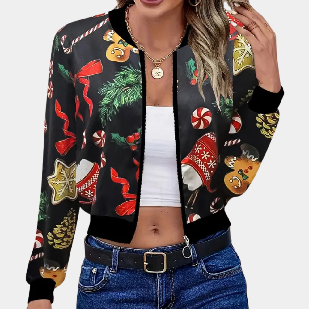 Sylvia - Christmas Print Bomber — Black