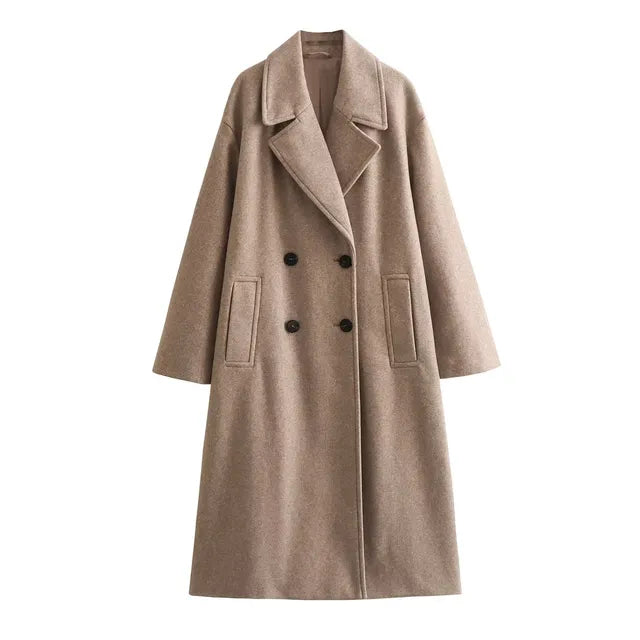 Aria - Long Double Breasted Wool Coat — Khaki