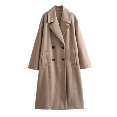 Aria - Long Double Breasted Wool Coat — Khaki