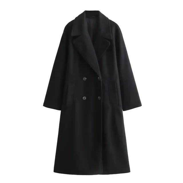 Aria - Long Double Breasted Wool Coat — Black