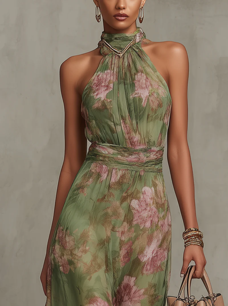 Amalia - Floral Chiffon Halter Maxi Dress
