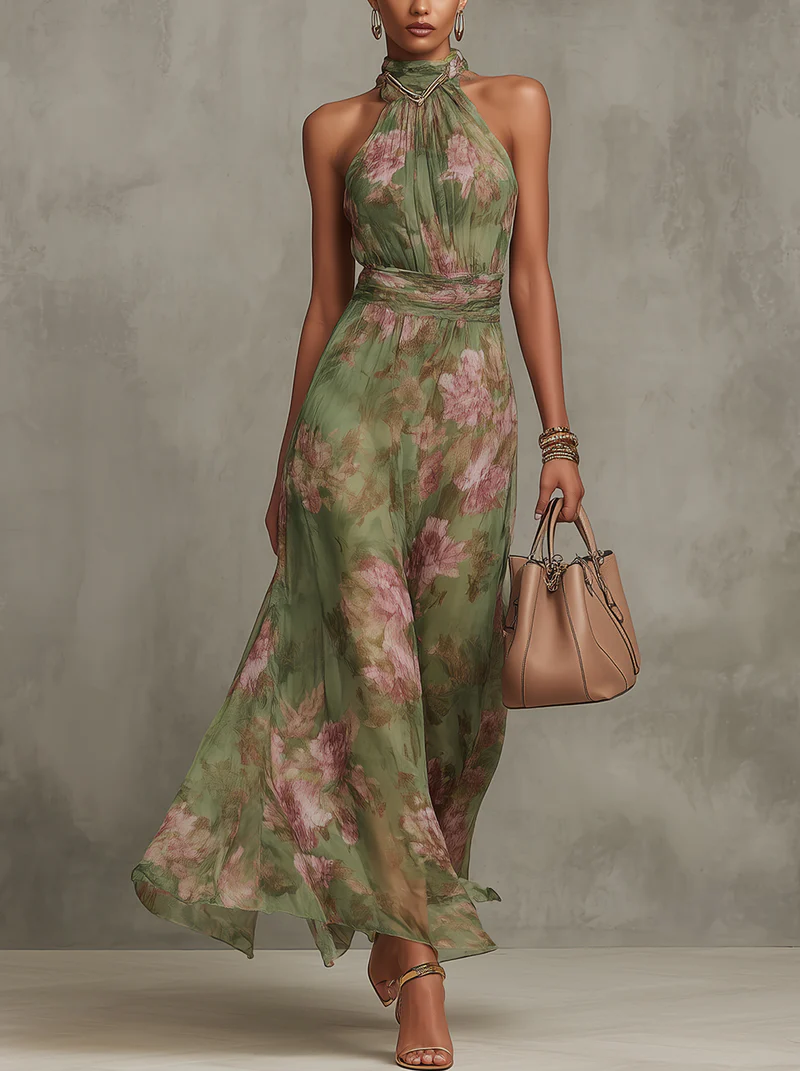 Amalia - Floral Chiffon Halter Maxi Dress