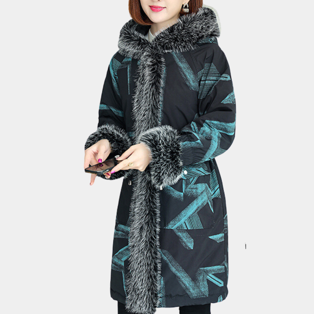 Monique - Palm Print Hooded Puffer — Blue