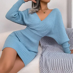 Rosalind - Knit V Neck Jumper Dress — Blue