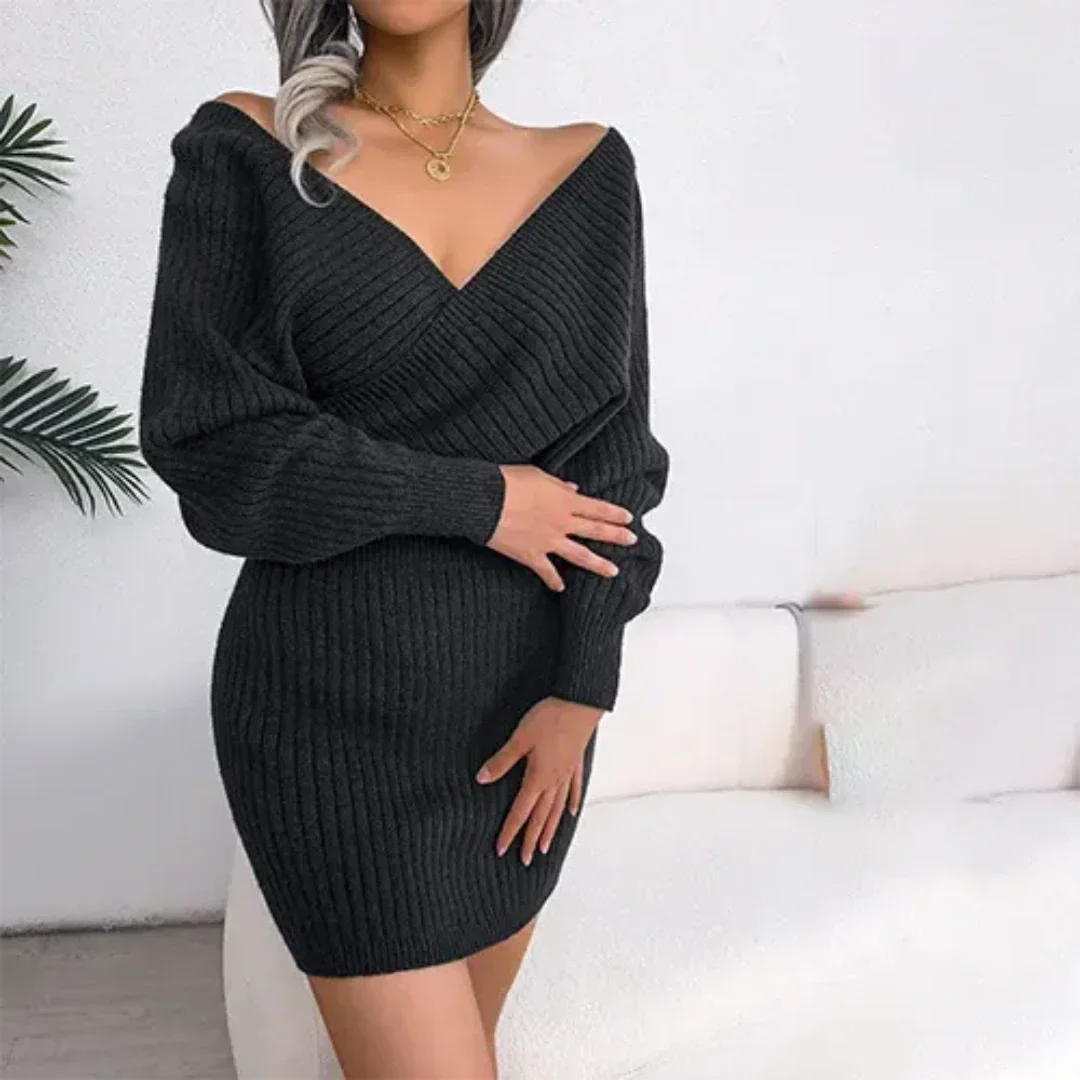 Rosalind - Knit V Neck Jumper Dress — Black