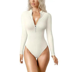 Aria - Ribbed Zip Bodysuit — Beige