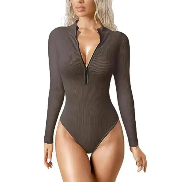 Aria - Ribbed Zip Bodysuit — Brown