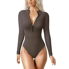 Aria - Ribbed Zip Bodysuit — Brown