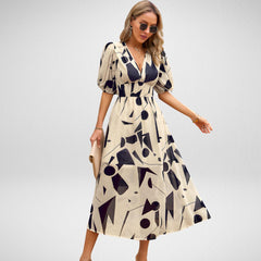 Anastasia - Abstract Print Wrap Midi — Beige