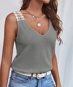 Samantha - Waffle Tank with Lace Back — Light grey