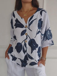 Gabrielle - Leaf Print V Neck Blouse — White