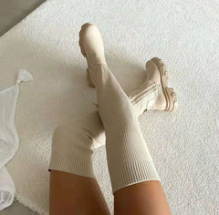 Loretta - Knit Over the Knee Boots — Beige