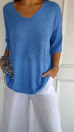 Cordelia - V Neck Knit Top — Blue