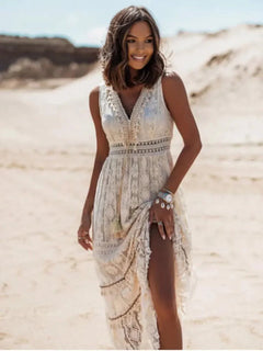 Rosa - Crochet Lace Maxi Dress — Beige