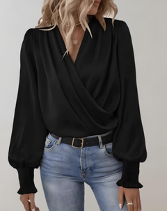 Madeline - Satin Wrap Blouse — Black