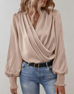 Madeline - Satin Wrap Blouse — Beige