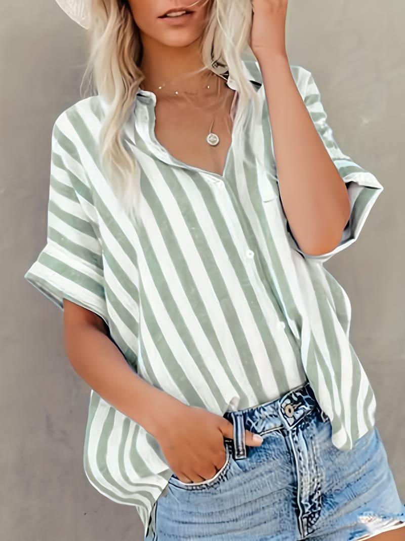 Nina - Striped Short Sleeve Shirt — Gray