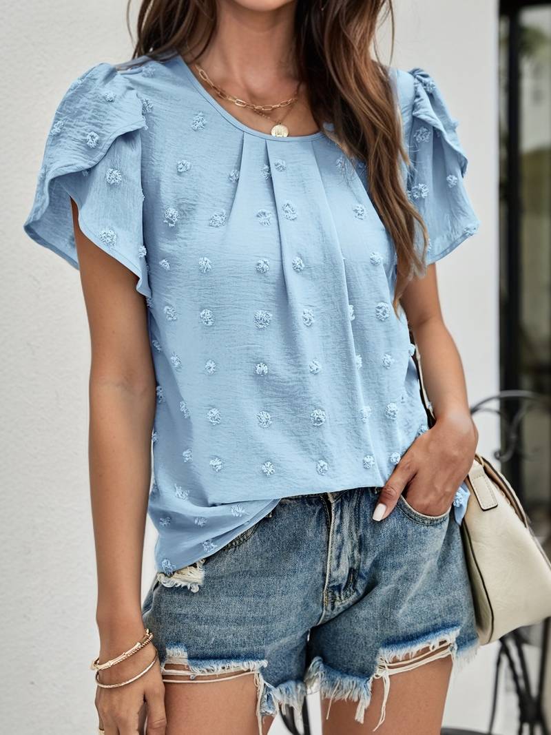 Francesca - Dobby Dot Puff Sleeve Top — Light blue