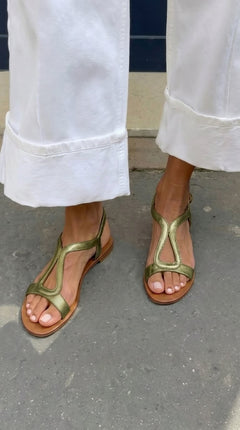 Genevieve - Metallic T Strap Sandals — Green