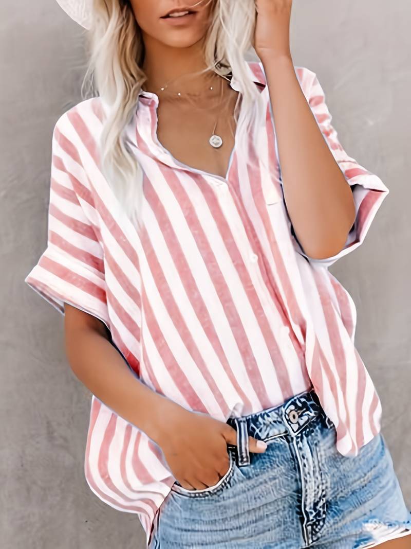 Nina - Striped Short Sleeve Shirt — Pink