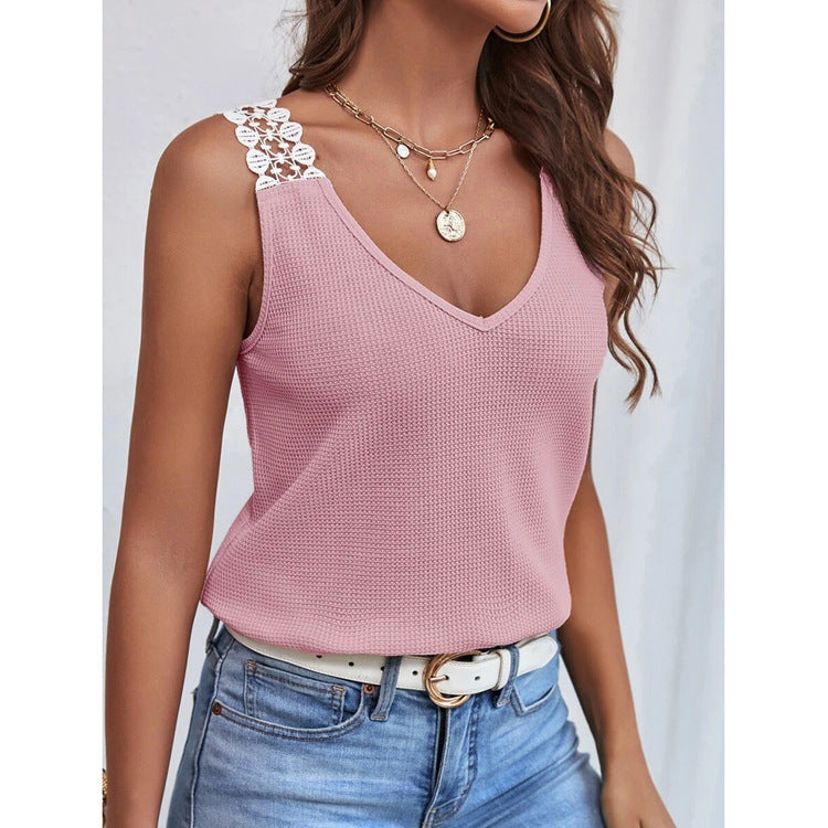 Samantha - Waffle Tank with Lace Back — Pink