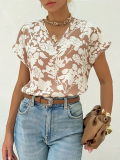 Lavender - Floral V Neck Blouse — Beige