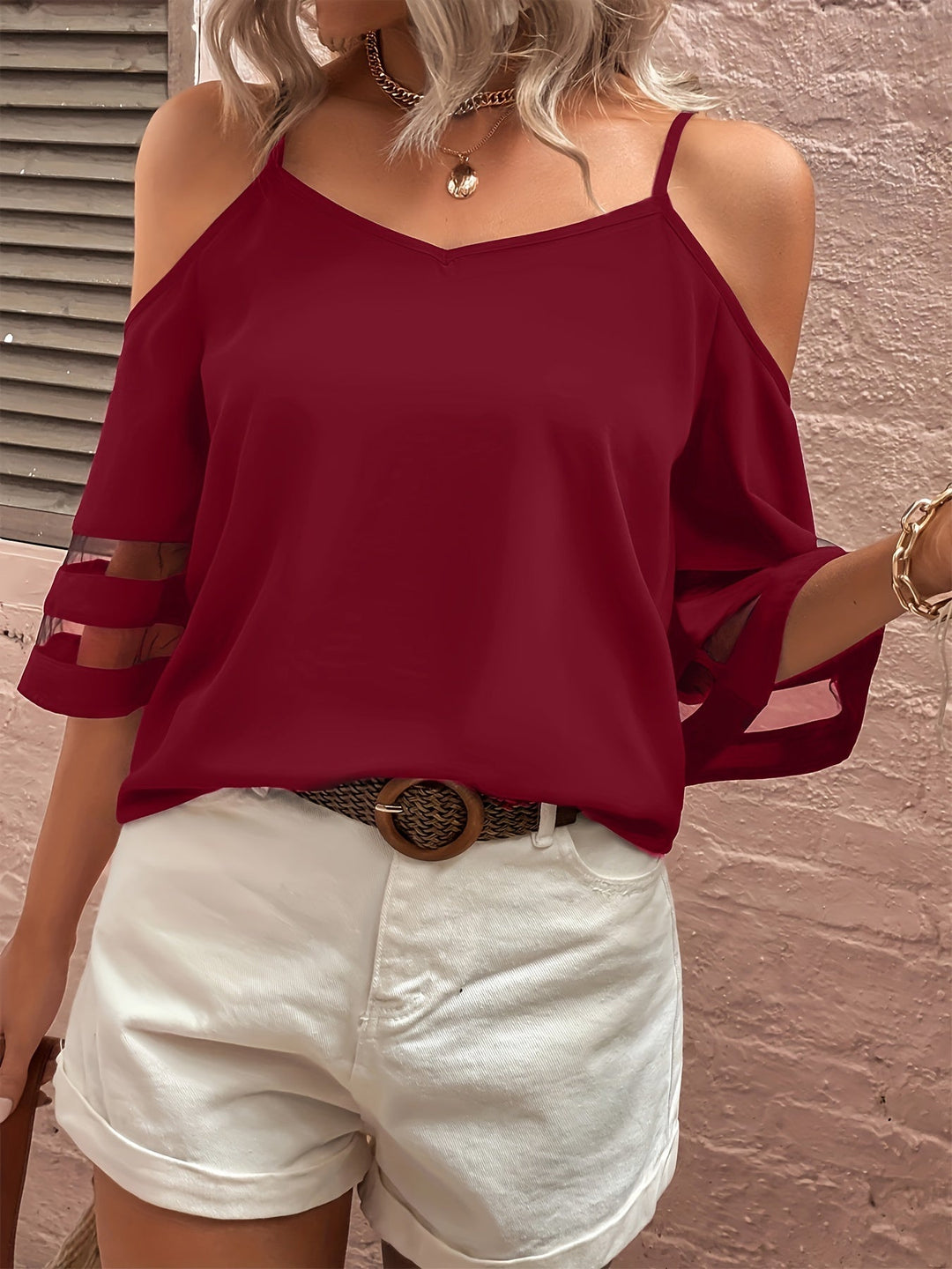 Simone - Cold Shoulder Top with Cutouts — Burgundy