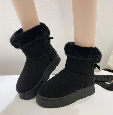 Ophelia - Fur Cuff Ankle Snow Boots — Black