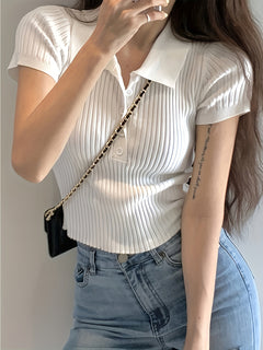 Chloe - Ribbed Knit Collar Top — White