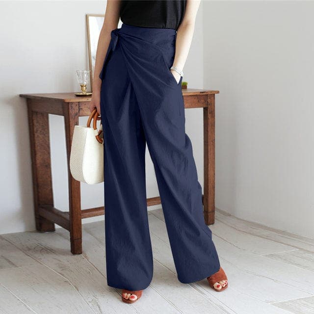 Constance - Linen Wrap Waist Trousers — Navy blue