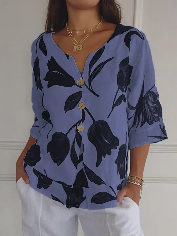 Gabrielle - Leaf Print V Neck Blouse — Blue