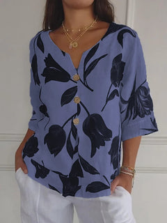 Gabrielle - Leaf Print V Neck Blouse — Blue