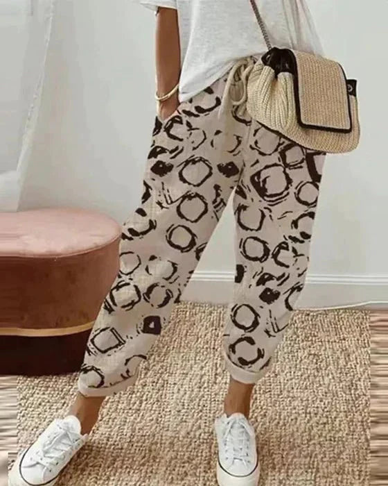 Wilhelmina - Circle Print Linen Trousers — Brown