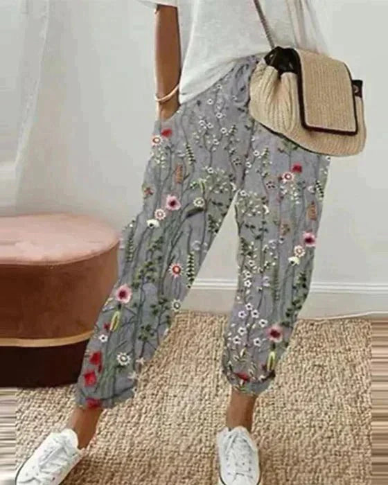 Wilhelmina - Circle Print Linen Trousers — Grey